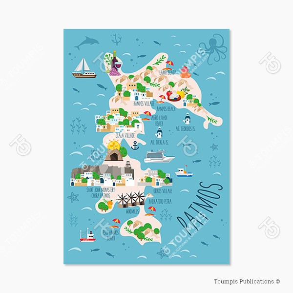 χάρτης Πάτμου, xarths Patmou, chartis patmou, patmos, eikonografhsh, εικονογράφηση πάτμου, ελληνικά νησιά, τουριστικός χάρτης, touristikos xarths