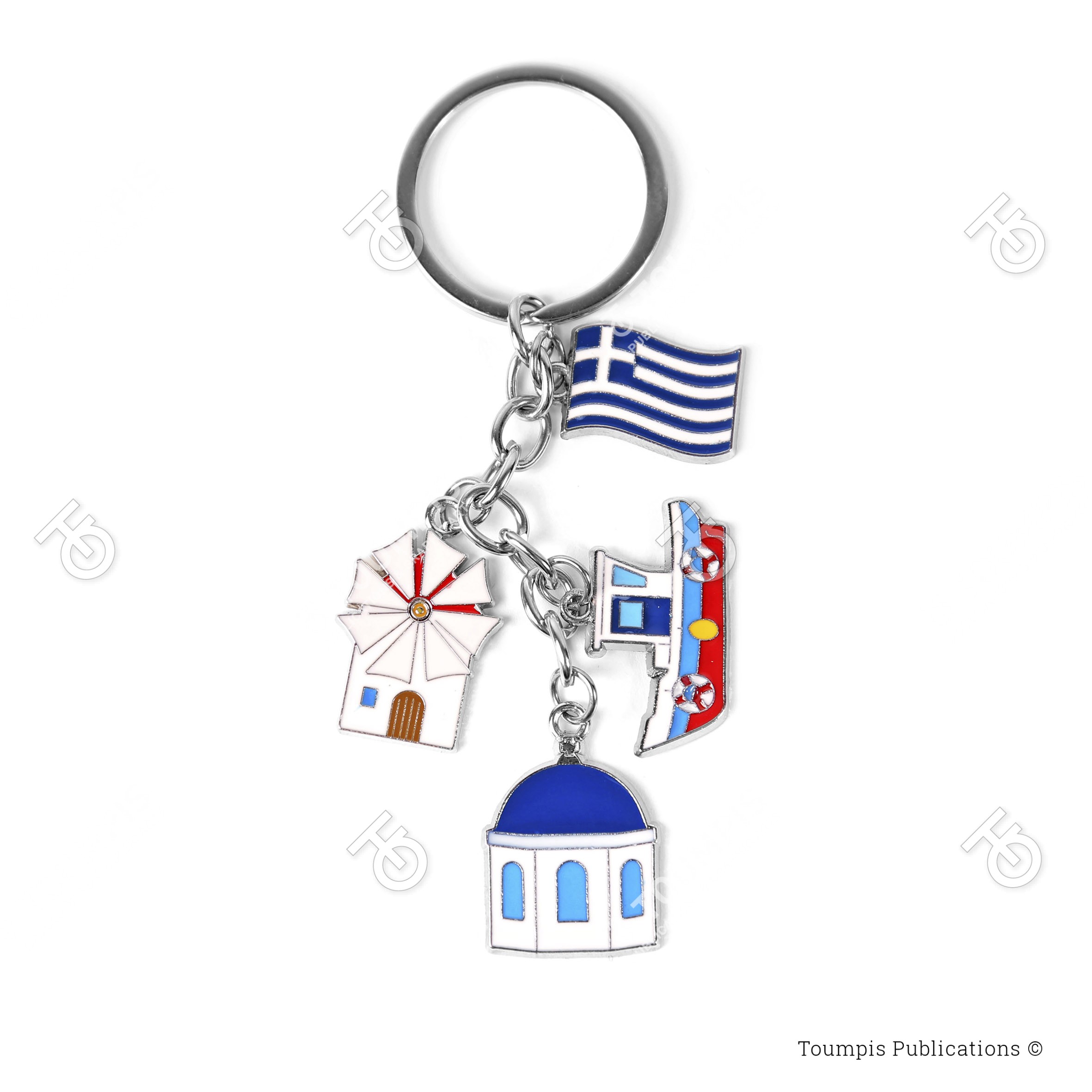 137_MKCG Τουριστικό μεταλλικό μπρελόκ, τρούλος, ανεμόμυλοσ, βαρκα, βαρκούά, ελληνική σημαία, blue dome, windmill, greek flag, fish boat, greek islands, cyclades, aegean, ελληνικά νησιά, κυκλάδες